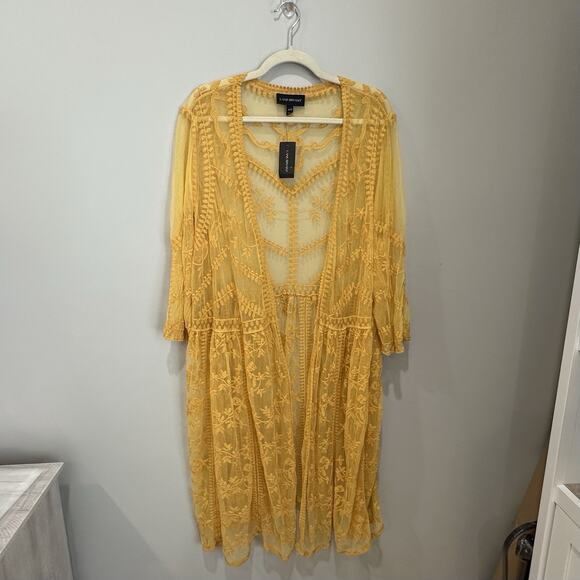 NWT Lane Bryant Sz 18/20 Statement Mustard Yellow Lace Long Boho Jacket Floral - Picture 1 of 8